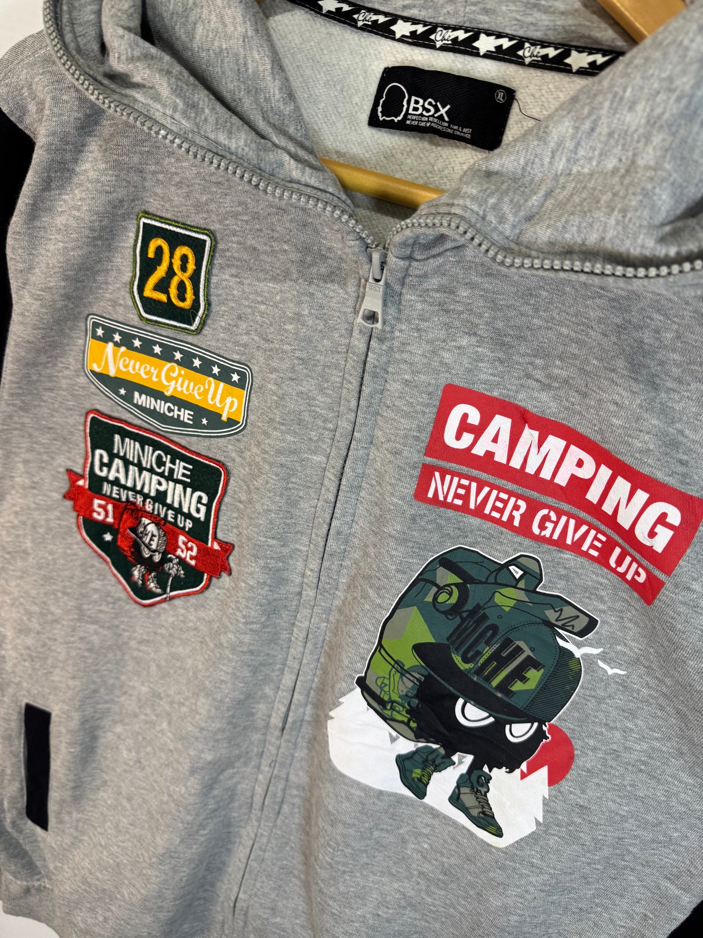 Cartoon Embroidered Zipup Hoodie Grey/Black (XL)