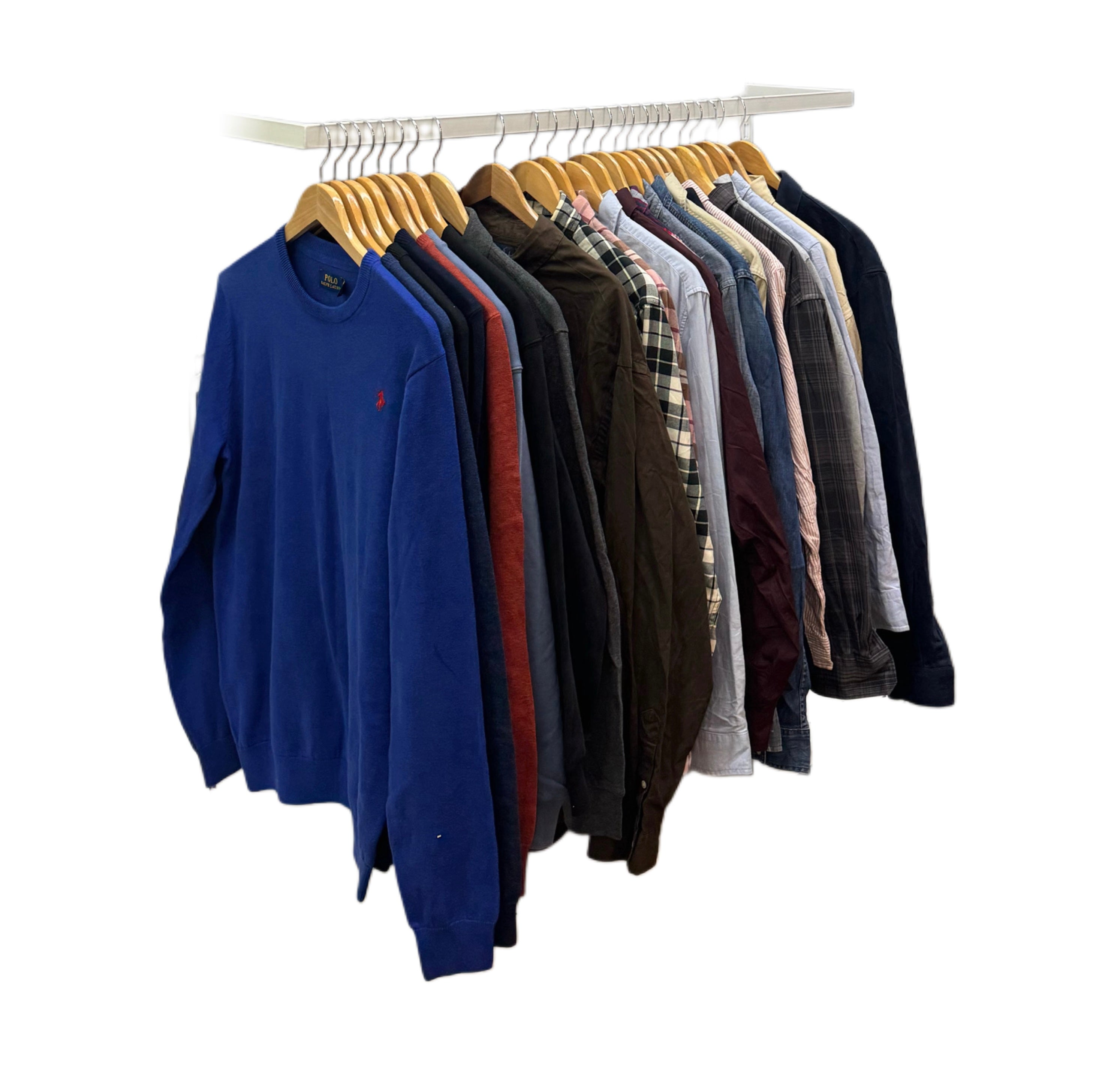 Row of sweaters on hangers with a blue sweater in front