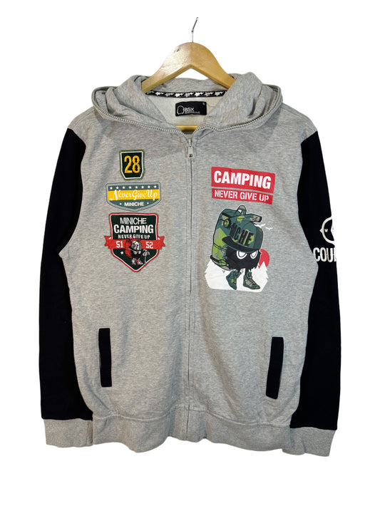 Cartoon Embroidered Zipup Hoodie Grey/Black (XL)